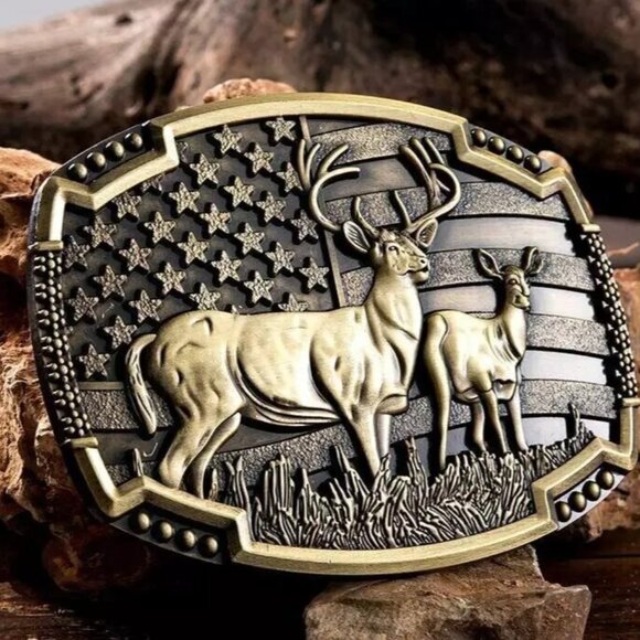 American Flag Deer Hunting Belt Buckle‎ – Buck & Doe, Antique Bronze Western - Picture 1 of 5